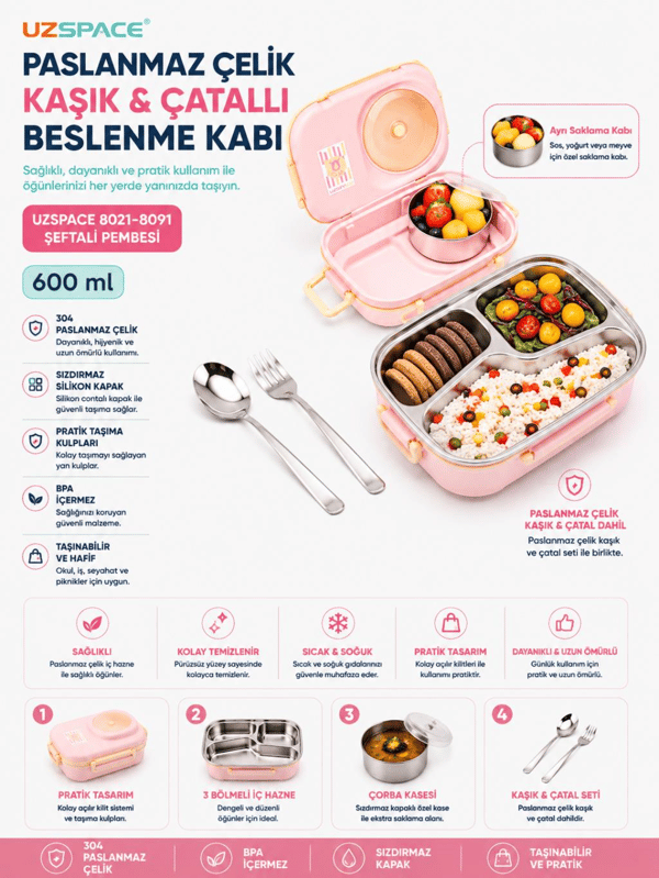 Uzspace 8021-8091 Şeftali Pembesi 600 ml 4 Bölmeli Paslanmaz Çelik Beslenme Kabı (Lunch Box)