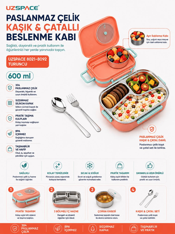 Uzspace 8021-8092 Turuncu 600 ml 4 Bölmeli Paslanmaz Çelik Beslenme Kabı (Lunch Box)