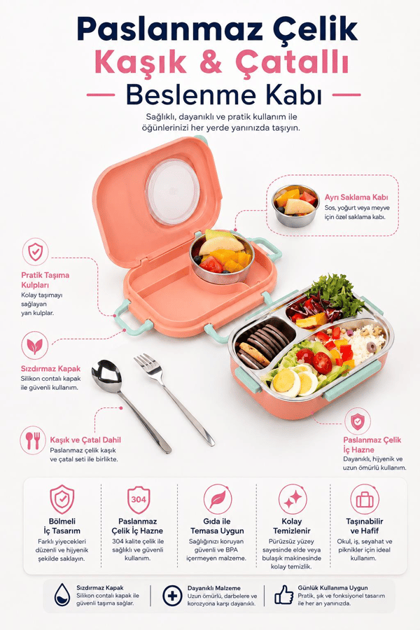 Uzspace 8021-8092 Turuncu 600 ml 4 Bölmeli Paslanmaz Çelik Beslenme Kabı (Lunch Box)