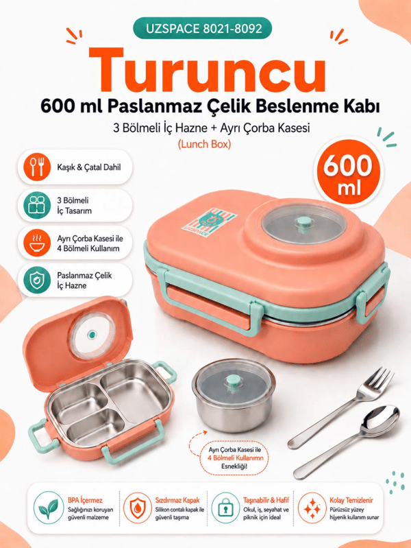 Uzspace 8021-8092 Turuncu 600 ml 4 Bölmeli Paslanmaz Çelik Beslenme Kabı (Lunch Box)