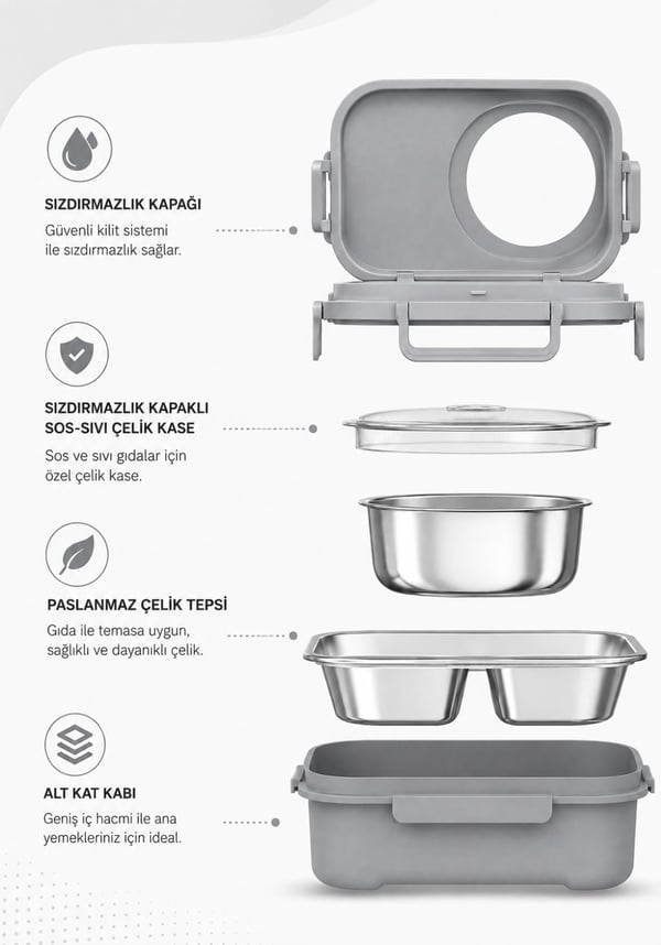 Uzspace 8021-8092 Turuncu 600 ml 4 Bölmeli Paslanmaz Çelik Beslenme Kabı (Lunch Box)