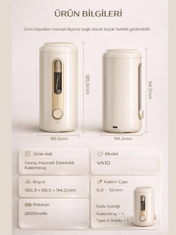 VA10 Bej Şarjlı Otomatik Elektrikli Kalemtıraş 2000mAh – 5 Kademe Uç Ayarlı, 6.9-12mm Jumbo Uyumlu, Type-C, Geniş Hazneli