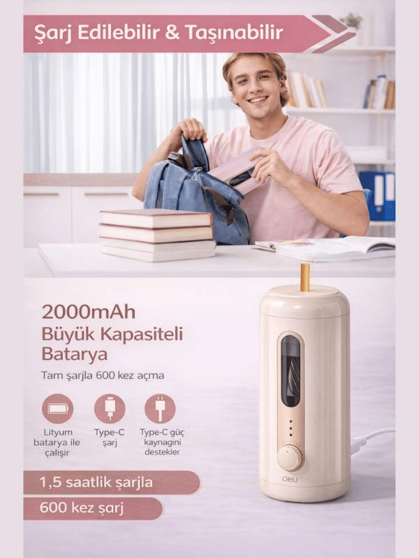 VA10 Bej Şarjlı Otomatik Elektrikli Kalemtıraş 2000mAh – 5 Kademe Uç Ayarlı, 6.9-12mm Jumbo Uyumlu, Type-C, Geniş Hazneli