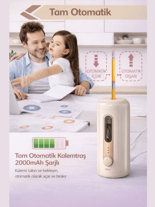 VA10 Bej Şarjlı Otomatik Elektrikli Kalemtıraş 2000mAh – 5 Kademe Uç Ayarlı, 6.9-12mm Jumbo Uyumlu, Type-C, Geniş Hazneli