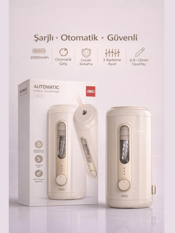 VA10 Bej Şarjlı Otomatik Elektrikli Kalemtıraş 2000mAh – 5 Kademe Uç Ayarlı, 6.9-12mm Jumbo Uyumlu, Type-C, Geniş Hazneli