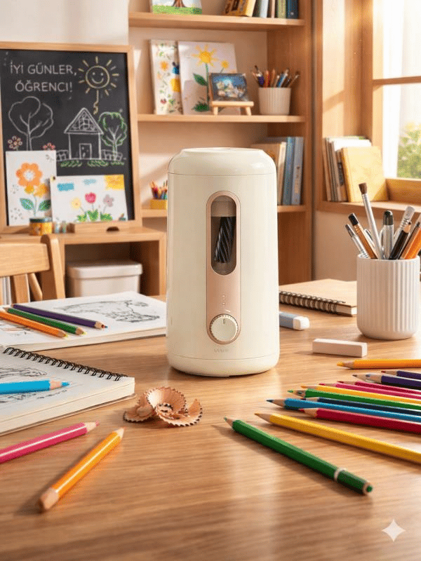 VA10 Bej Şarjlı Otomatik Elektrikli Kalemtıraş 2000mAh – 5 Kademe Uç Ayarlı, 6.9-12mm Jumbo Uyumlu, Type-C, Geniş Hazneli