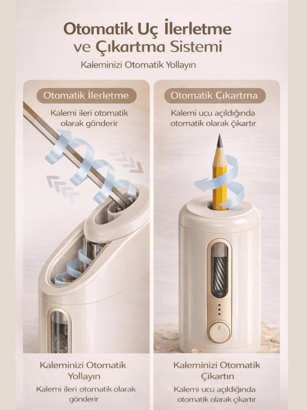 VA10 Bej Şarjlı Otomatik Elektrikli Kalemtıraş 2000mAh – 5 Kademe Uç Ayarlı, 6.9-12mm Jumbo Uyumlu, Type-C, Geniş Hazneli