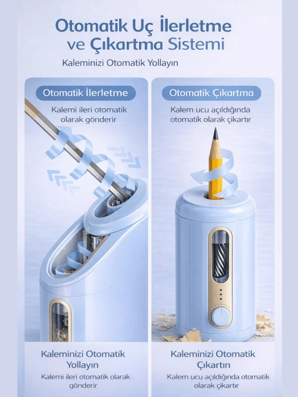 VA10 Mavi Şarjlı Otomatik Elektrikli Kalemtıraş 2000mAh – 5 Kademe Uç Ayarlı, 6.9-12mm Jumbo Uyumlu, Type-C, Geniş Hazneli