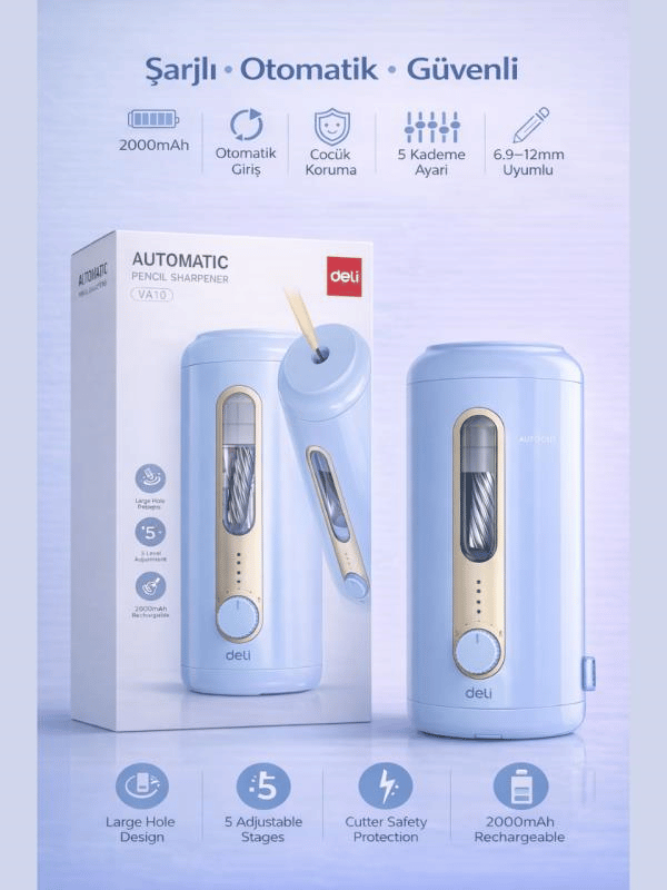 VA10 Mavi Şarjlı Otomatik Elektrikli Kalemtıraş 2000mAh – 5 Kademe Uç Ayarlı, 6.9-12mm Jumbo Uyumlu, Type-C, Geniş Hazneli