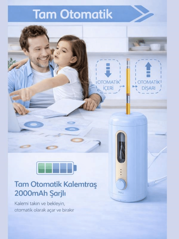 VA10 Mavi Şarjlı Otomatik Elektrikli Kalemtıraş 2000mAh – 5 Kademe Uç Ayarlı, 6.9-12mm Jumbo Uyumlu, Type-C, Geniş Hazneli