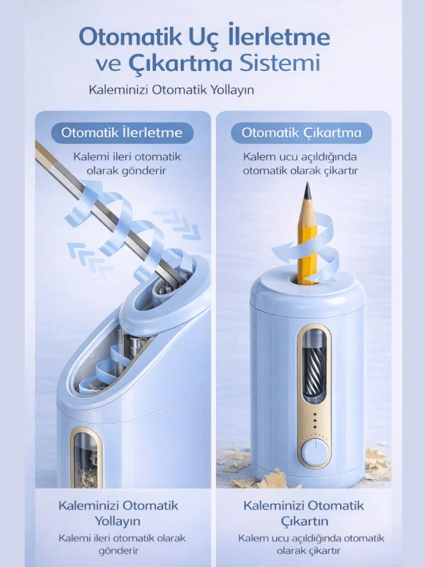 VA10 Mavi Şarjlı Otomatik Elektrikli Kalemtıraş 2000mAh – 5 Kademe Uç Ayarlı, 6.9-12mm Jumbo Uyumlu, Type-C, Geniş Hazneli