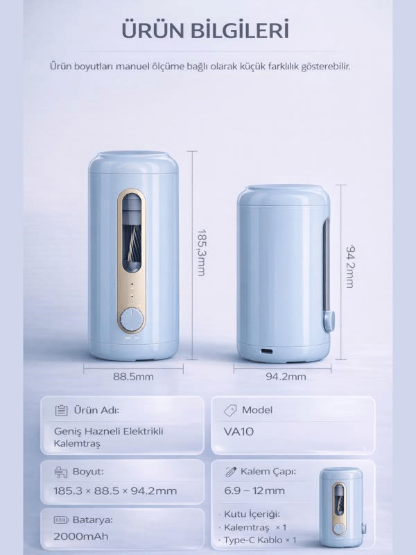 VA10 Mavi Şarjlı Otomatik Elektrikli Kalemtıraş 2000mAh – 5 Kademe Uç Ayarlı, 6.9-12mm Jumbo Uyumlu, Type-C, Geniş Hazneli