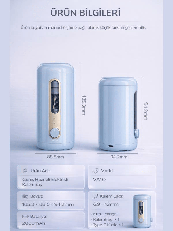 VA10 Mavi Şarjlı Otomatik Elektrikli Kalemtıraş 2000mAh – 5 Kademe Uç Ayarlı, 6.9-12mm Jumbo Uyumlu, Type-C, Geniş Hazneli