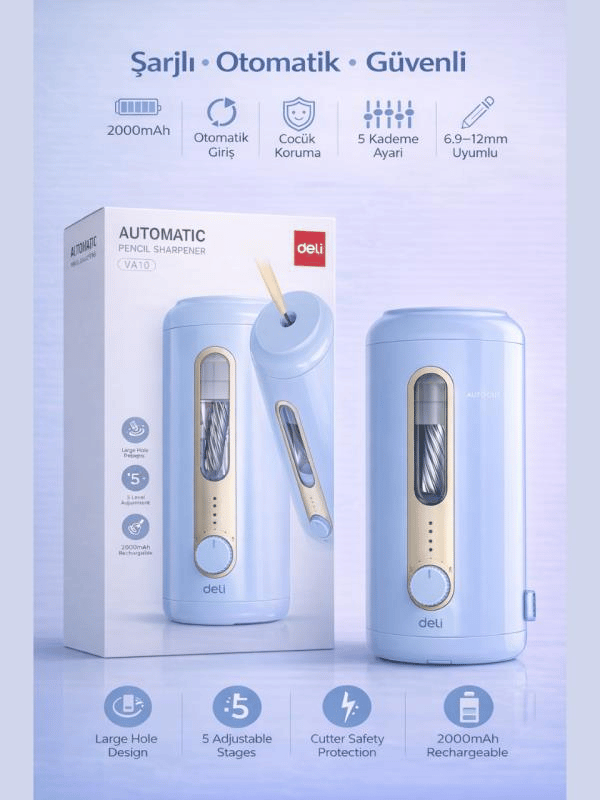 VA10 Mavi Şarjlı Otomatik Elektrikli Kalemtıraş 2000mAh – 5 Kademe Uç Ayarlı, 6.9-12mm Jumbo Uyumlu, Type-C, Geniş Hazneli