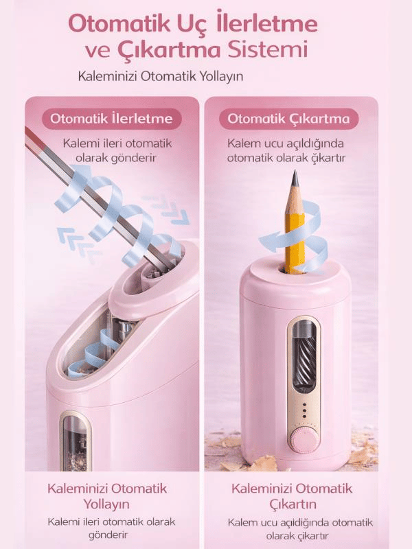 VA10 Pembe Şarjlı Otomatik Elektrikli Kalemtıraş 2000mAh – 5 Kademe Uç Ayarlı, 6.9-12mm Jumbo Uyumlu, Type-C, Geniş Hazneli