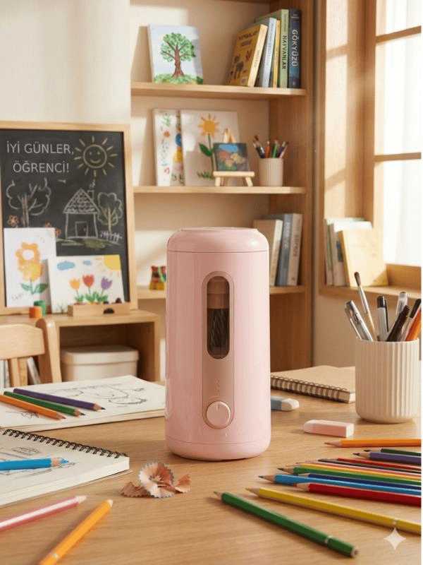 VA10 Pembe Şarjlı Otomatik Elektrikli Kalemtıraş 2000mAh – 5 Kademe Uç Ayarlı, 6.9-12mm Jumbo Uyumlu, Type-C, Geniş Hazneli