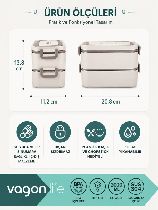 Vagon Life BL01029-2 Bej 2000 ml 2 Katlı Çorba Kaseli Paslanmaz Çelik Lunch Box Beslenme Kabı
