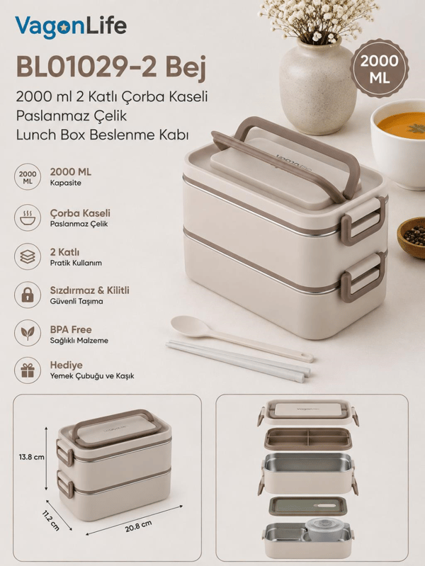 Vagon Life BL01029-2 Bej 2000 ml 2 Katlı Çorba Kaseli Paslanmaz Çelik Lunch Box Beslenme Kabı