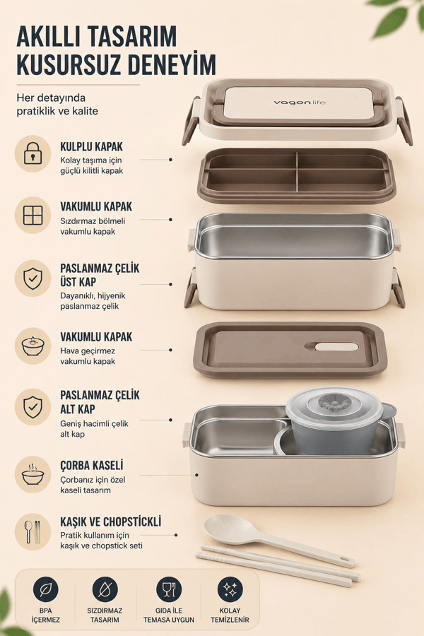 Vagon Life BL01029-2 Bej 2000 ml 2 Katlı Çorba Kaseli Paslanmaz Çelik Lunch Box Beslenme Kabı