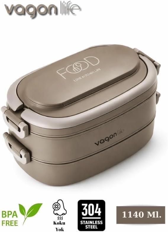 Vagon Life BL10403-2S Kahverengi 1400 ml 2 Katlı Paslanmaz Çelik Lunch Box Beslenme Kabı