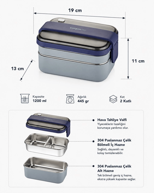 Vagon Life BL20183 Lacivert 1200 ml 2 Katlı 3 Bölmeli Paslanmaz Çelik Yemek Kabı (Lunch Box)