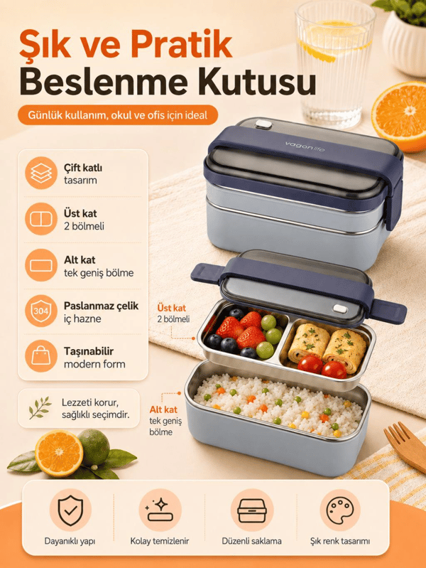 Vagon Life BL20183 Lacivert 1200 ml 2 Katlı 3 Bölmeli Paslanmaz Çelik Yemek Kabı (Lunch Box)