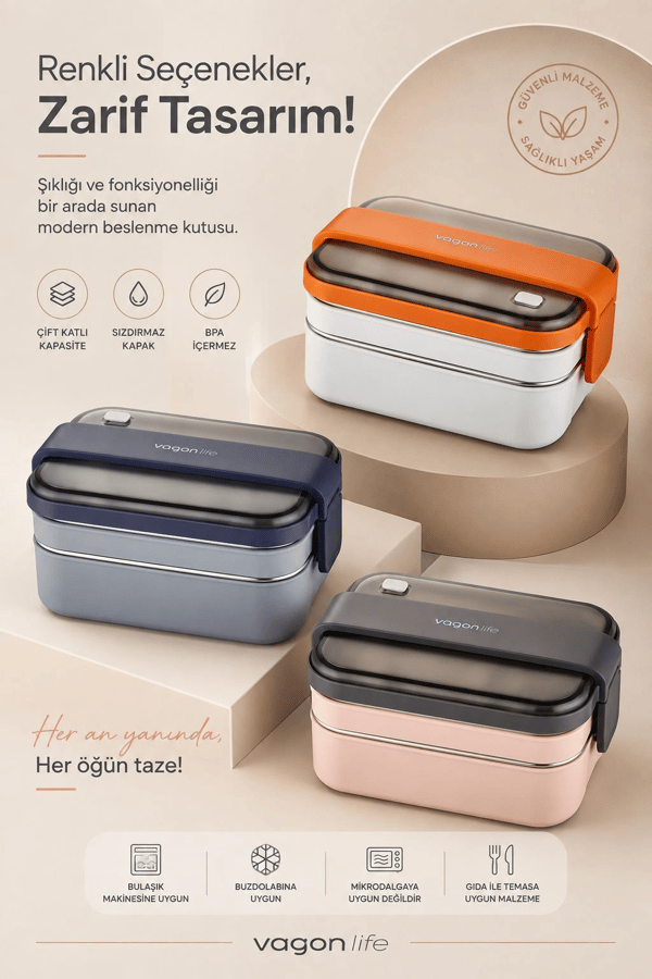 Vagon Life BL20183 Pembe 1200 ml 2 Katlı 3 Bölmeli Paslanmaz Çelik Yemek Kabı (Lunch Box)