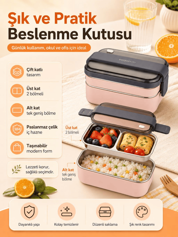 Vagon Life BL20183 Pembe 1200 ml 2 Katlı 3 Bölmeli Paslanmaz Çelik Yemek Kabı (Lunch Box)