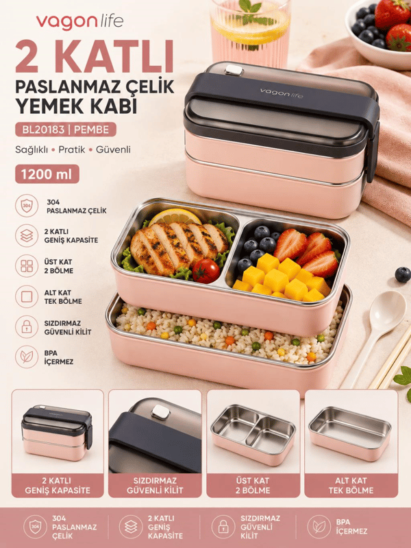 Vagon Life BL20183 Pembe 1200 ml 2 Katlı 3 Bölmeli Paslanmaz Çelik Yemek Kabı (Lunch Box)