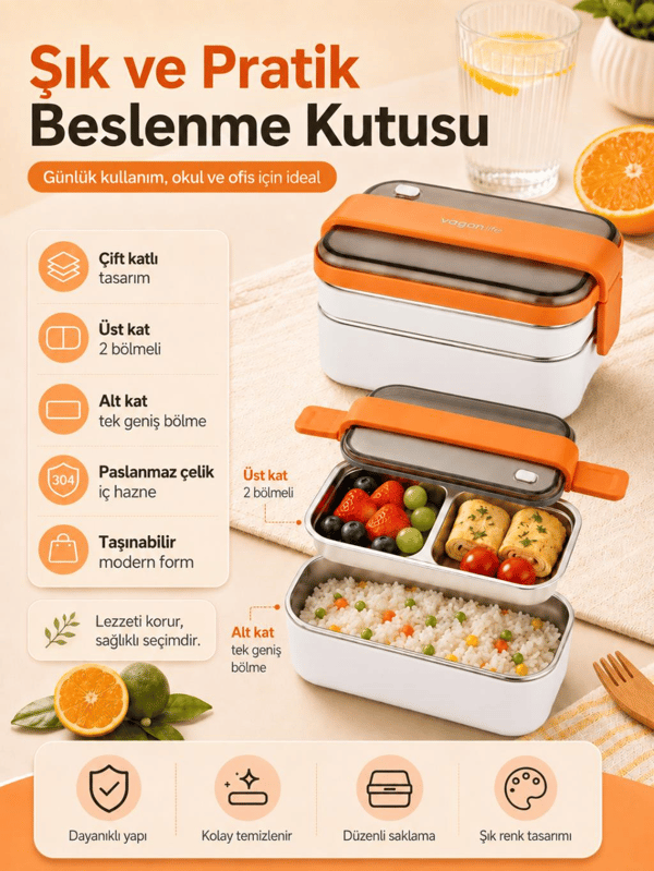 Vagon Life BL20183 Turuncu 1200 ml 2 Katlı 3 Bölmeli Paslanmaz Çelik Yemek Kabı (Lunch Box)