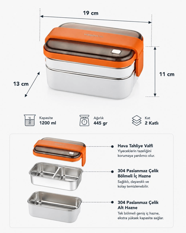 Vagon Life BL20183 Turuncu 1200 ml 2 Katlı 3 Bölmeli Paslanmaz Çelik Yemek Kabı (Lunch Box)
