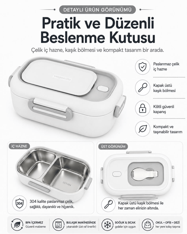 Vagon Life BL2106 Beyaz 550 ml 2 Bölmeli Paslanmaz Çelik Yemek Kabı (Lunch Box)