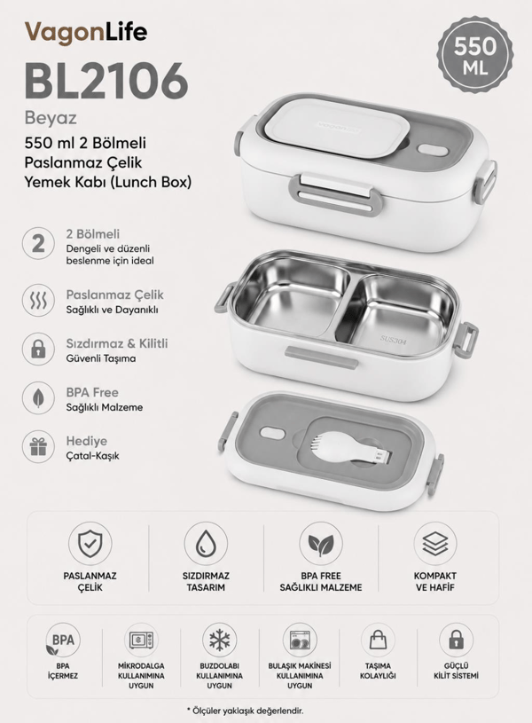 Vagon Life BL2106 Beyaz 550 ml 2 Bölmeli Paslanmaz Çelik Yemek Kabı (Lunch Box)