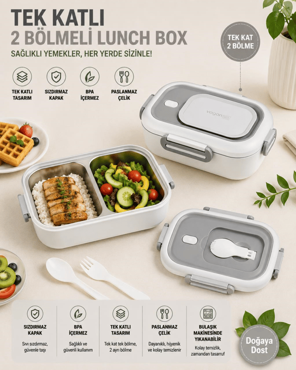 Vagon Life BL2106 Beyaz 550 ml 2 Bölmeli Paslanmaz Çelik Yemek Kabı (Lunch Box)