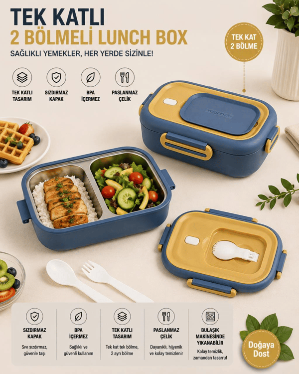 Vagon Life BL2106 Lacivert 550 ml 2 Bölmeli Paslanmaz Çelik Yemek Kabı (Lunch Box)