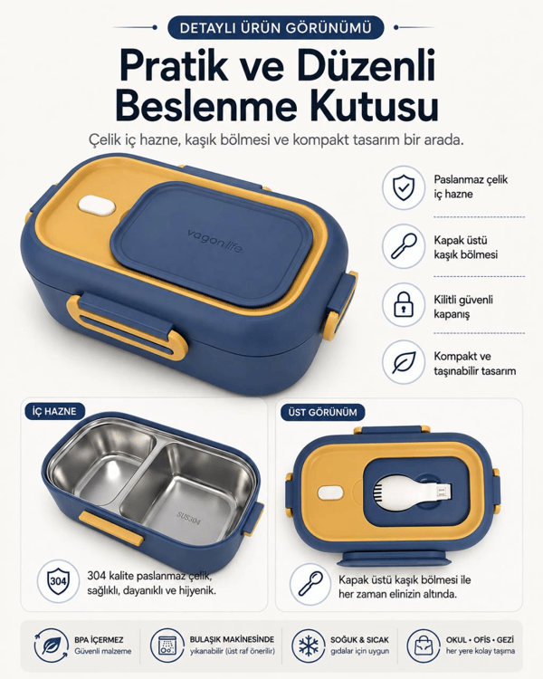 Vagon Life BL2106 Lacivert 550 ml 2 Bölmeli Paslanmaz Çelik Yemek Kabı (Lunch Box)