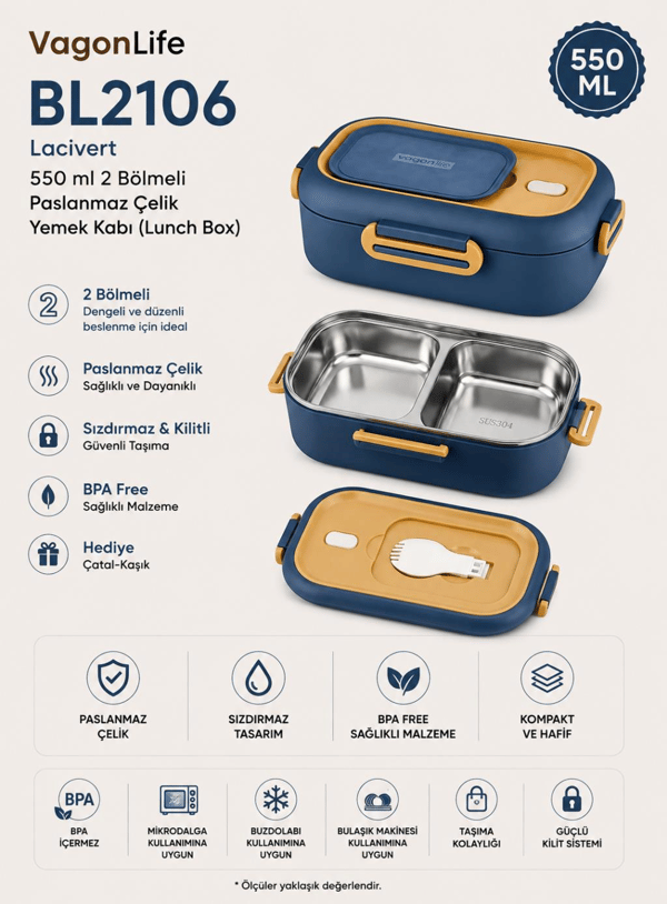 Vagon Life BL2106 Lacivert 550 ml 2 Bölmeli Paslanmaz Çelik Yemek Kabı (Lunch Box)