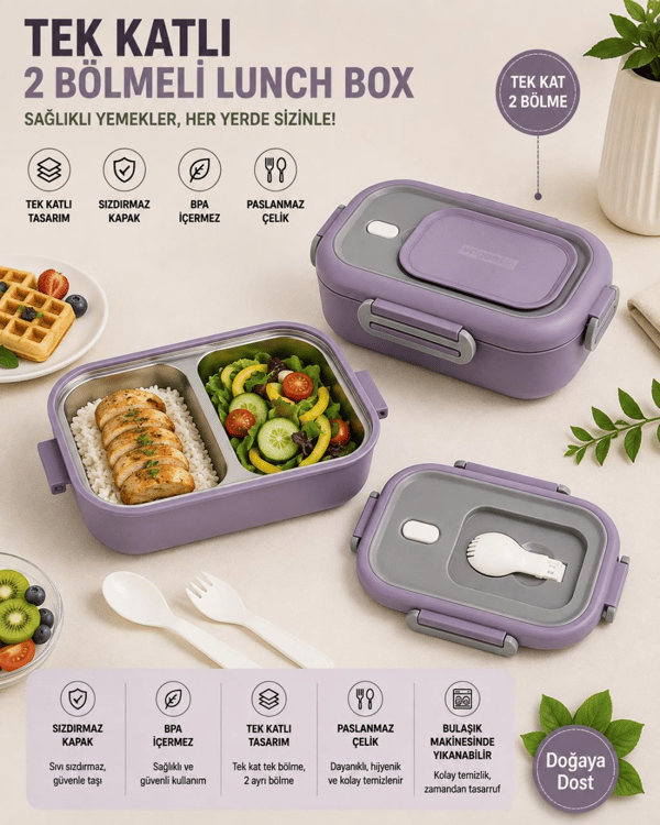 Vagon Life BL2106 Mor 550 ml 2 Bölmeli Paslanmaz Çelik Yemek Kabı (Lunch Box)