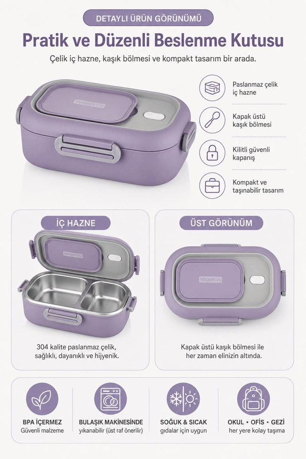 Vagon Life BL2106 Mor 550 ml 2 Bölmeli Paslanmaz Çelik Yemek Kabı (Lunch Box)