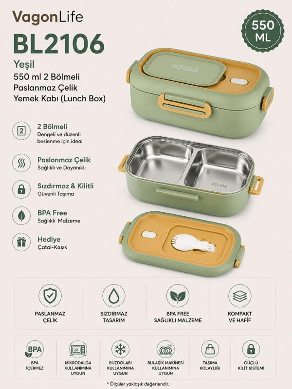 Vagon Life BL2106 Yeşil 550 ml 2 Bölmeli Paslanmaz Çelik Yemek Kabı (Lunch Box)
