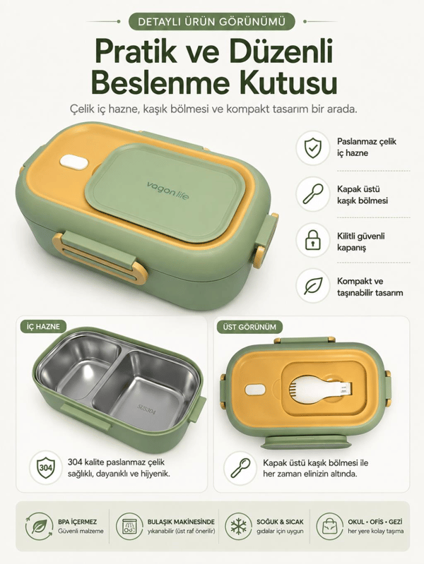 Vagon Life BL2106 Yeşil 550 ml 2 Bölmeli Paslanmaz Çelik Yemek Kabı (Lunch Box)