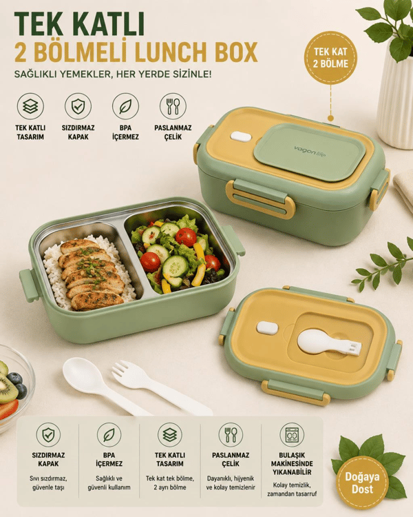 Vagon Life BL2106 Yeşil 550 ml 2 Bölmeli Paslanmaz Çelik Yemek Kabı (Lunch Box)
