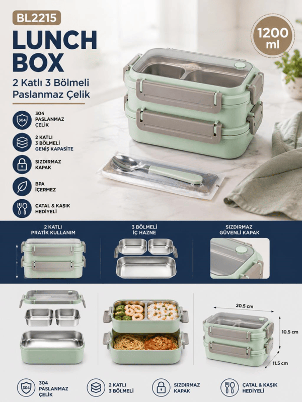 Vagon Life BL2215 Açık Mavi 1200 ml 2 Katlı 3 Bölmeli Paslanmaz Çelik Yemek Kabı (Lunch Box)