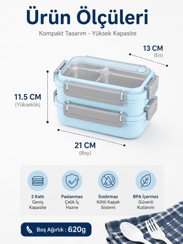 Vagon Life BL2215 Açık Mavi 1200 ml 2 Katlı 3 Bölmeli Paslanmaz Çelik Yemek Kabı (Lunch Box)