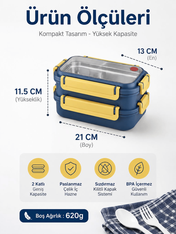 Vagon Life BL2215 Lacivert 1200 ml 2 Katlı 3 Bölmeli Paslanmaz Çelik Yemek Kabı (Lunch Box)