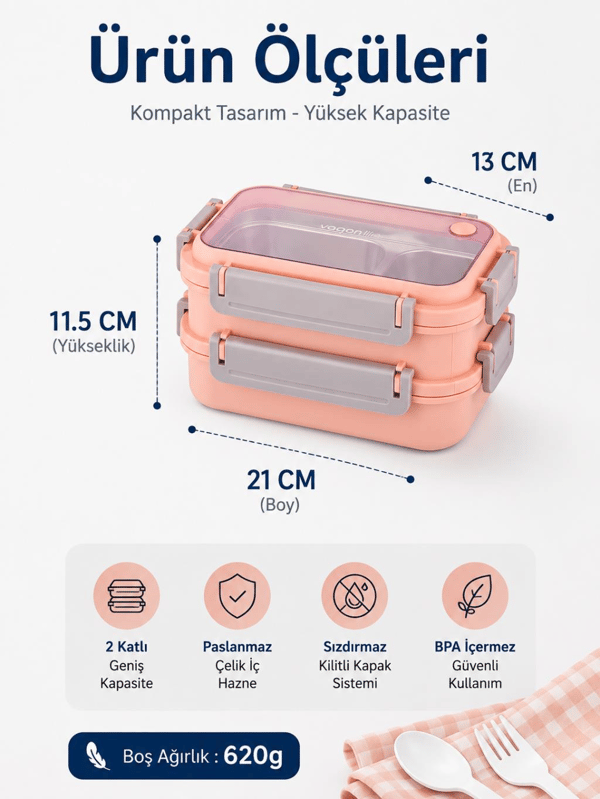 Vagon Life BL2215 Pembe 1200 ml 2 Katlı 3 Bölmeli Paslanmaz Çelik Yemek Kabı (Lunch Box)