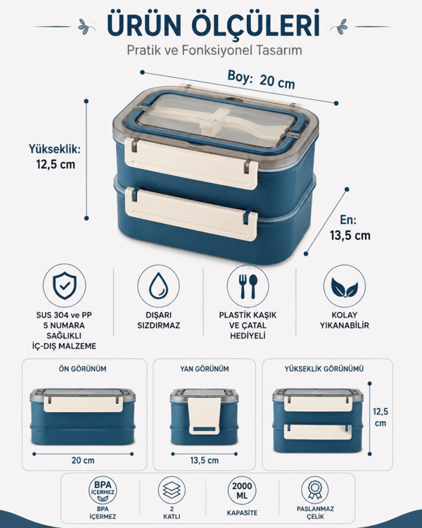 Vagon Life BL2221-2 Mavi 1600 ml 2 Katlı 3 Bölmeli Paslanmaz Çelik Lunch Box Beslenme Kabı