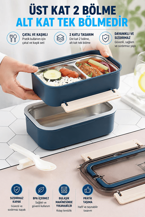 Vagon Life BL2221-2 Pembe 1600 ml 2 Katlı 3 Bölmeli Paslanmaz Çelik Lunch Box Beslenme Kabı