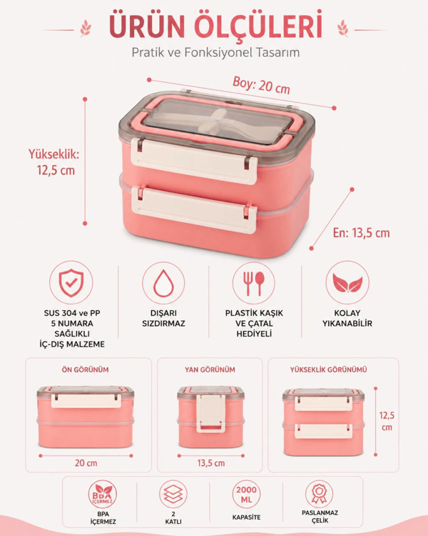 Vagon Life BL2221-2 Pembe 1600 ml 2 Katlı 3 Bölmeli Paslanmaz Çelik Lunch Box Beslenme Kabı