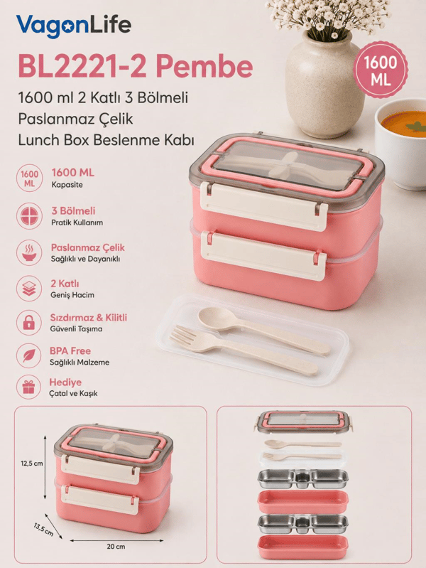 Vagon Life BL2221-2 Pembe 1600 ml 2 Katlı 3 Bölmeli Paslanmaz Çelik Lunch Box Beslenme Kabı